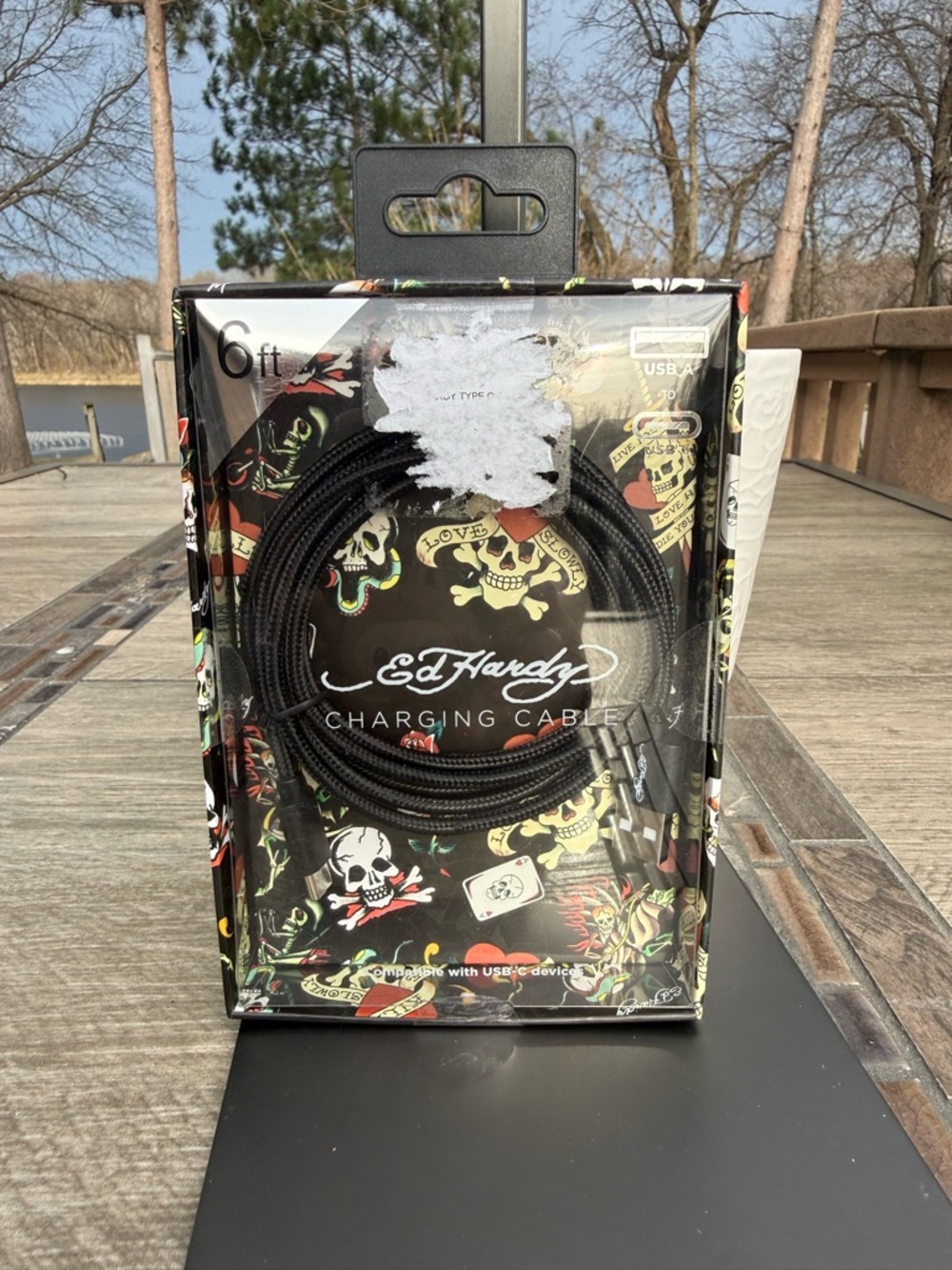 NIB Ed Hardy Black USB to USB-C Cable with Multicolor Tattoo Art